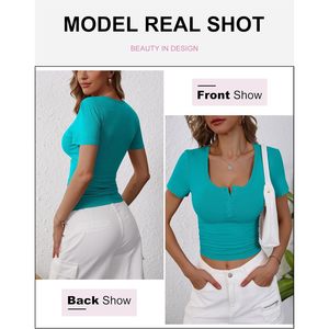 ANRABESS Chemise Henley à manches courtes pour femme, côtelée, coupe ajustée, boutonnée, respirante, en coton tricoté et élasthanne, pour le travail estival - Product Image 6