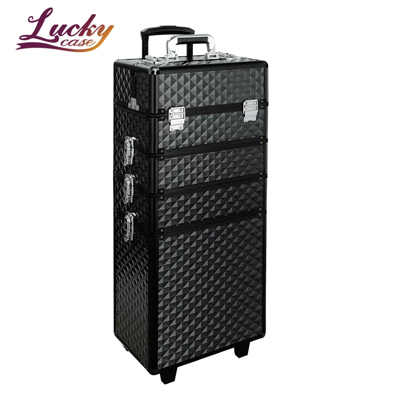 4 in 1 Aluminum Professional Case Black Makeup Beauty Cosmetic Case Vanity Trolley Box Nail Hairdresser Storage 4 Wheels