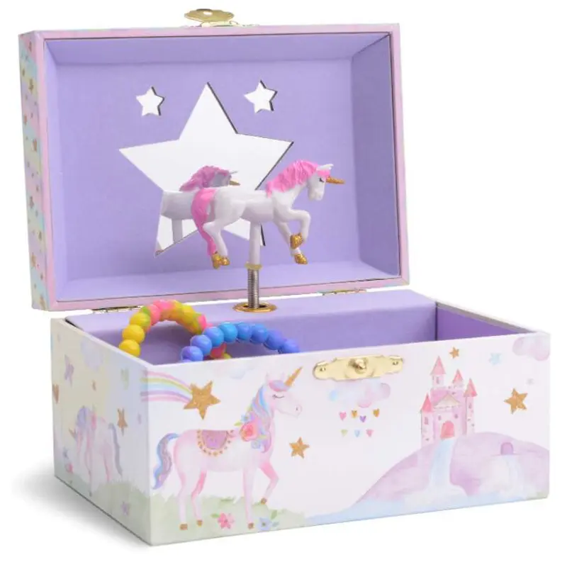 Caixa de armazenamento musical para meninas, caixa de armazenamento de joias com unicórnio para girar, com arco-íris e estrelas, design de joias, com 2 gavetas pullout