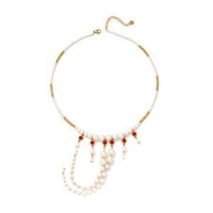 Pearl <b>Necklace</b> With Red Gem Drops Gold Plated Stainless Steel Elegant <b>Statement</b> Jewelry For Women - Product Image 2