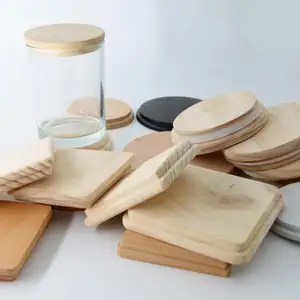 Vente en gros de bougies en bois naturel carré et rond, couvercle en bambou avec trou pour paille, couvercle en bois pour mug, bocal en verre, gobelet