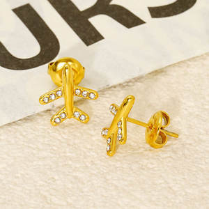 Boucles d'oreilles pour femme en acier inoxydable 316L plaqué or 14k 18k PVD, couleur or personnalisée, motif avion avec diamants, tendance - Product Image 4