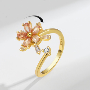 Flower Spinner <b>Rings</b> Claw <b>Set</b> Pear Cut Champagne Cubic Zirconia Copper Gold Plated Anxiety Jewelry Gift For <b>Women</b> - Product Image 2