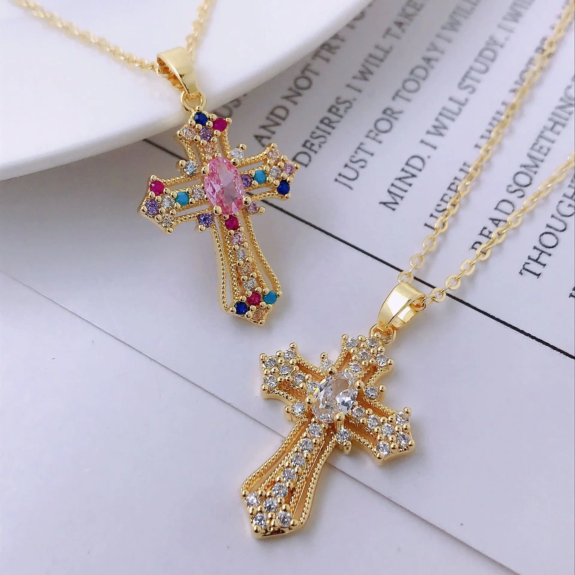 Christian Religion Cross Pendant 18K Gold Plated Stainless Steel Chain colorful CZ Micro Pave jesus necklace