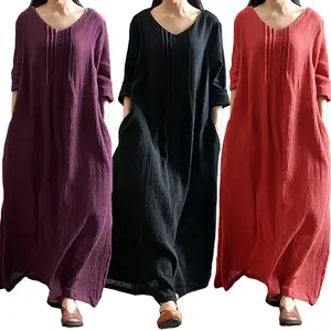 Custom High Quality Casual Women Dress Solid V Neck Long Sleeve Bohemian Long Maxi Dresses