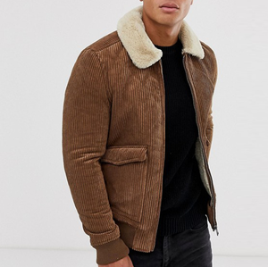 Veste d'hiver en velours côtelé pour homme avec doublure et col en fausse fourrure - Product Image 1