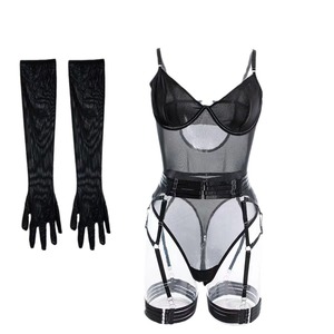Manyu sexy lingerie women's see-through sexy <b>bodysuit</b> with mesh patchwork bra set, <b>shaping</b> straps and gloves - Product Image 5