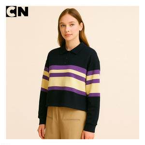 Certification GRS Fabricant de tricots Logo personnalisé Femmes Coton Laine Rayures Col polo Pull tricoté pour le travail quotidien - Product Image 2