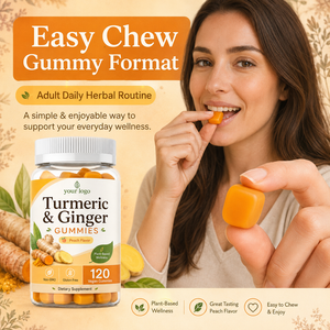 Vente en gros certifiée GMPC, véganes, 120 unités, formule naturelle pure à base de plantes, soutien sain du métabolisme, gommes au curcuma et au gingembre - Product Image 1