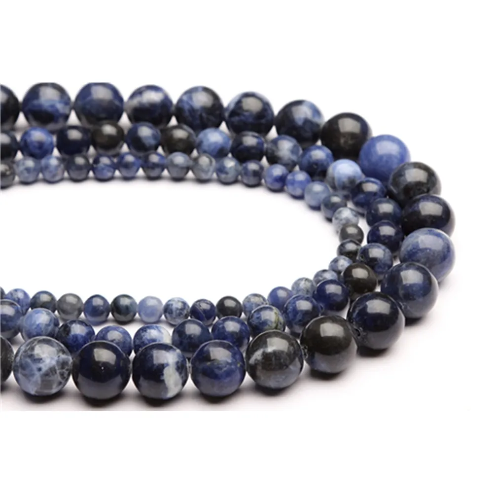 Piedras preciosas de alta calidad, 4/6/8/10/12mm, redondas, sueltas, con patrón de encaje blanco, cuentas de sodalita azul para fabricación de joyas