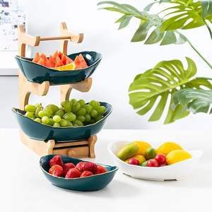 Corbeille à fruits en bambou à 3 niveaux avec bol à fruits en céramique pour fruits, pain, légumes, collations - Product Image 4