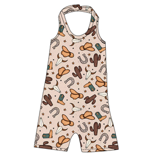 Tutina per Bambine Stile Occidentale con Motivo Mucca, Bretelle al Collo, Stampa Floreale e Cactus, <span class=keywords><strong>Senza</strong></span> <span class=keywords><strong>Maniche</strong></span>, Corta - Product Image 3