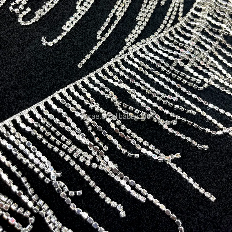 F157 Rhinestone and Crystal Beaded Lace Trim Dangling Rhinestone Tassel Trimming for Crafts