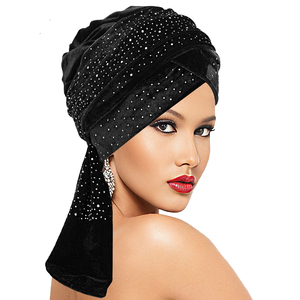 HZM-25440 luxe femmes velours diamant Turban Extra longue queue africain indien <span class=keywords><strong>chapeau</strong></span> <span class=keywords><strong>tête</strong></span> enveloppes Bonnet Tube écharpes cheveux accessoires - Product Image 6