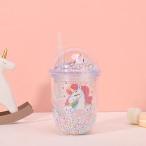 450ml All Transparent Double Wall Fantasy Unicorn Straw <b>Cup</b> with Pastel Color Bead Filled Dome Lid Mini Unicorn Figurine - Product Image 3