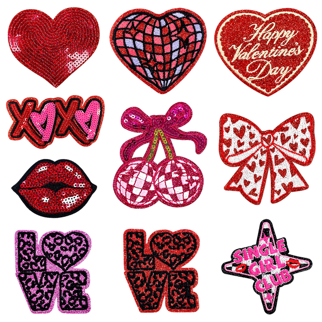 Valentine Patch Red Sequin Heart Embroidered Badge Disco Ball Shape Applique for Trucker Hat Decoration Bulk