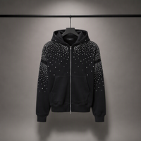 Sweat-shirt à capuche zippé noir avec strass, sweat-shirt de luxe orné de cristaux et de diamants, veste streetwear hip-hop pour hommes