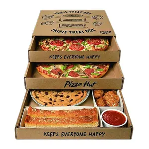 Toptan ucuz fiyat özel Logo çevre dostu gıda ambalaj üçlü tedavi kutusu kişiselleştirilmiş beyaz siyah Pizza kutusu 12 14 inç