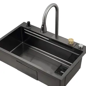 7546R şelale musluk mutfak lavabo siyah el yapımı tek lavabo SUS304 çok işlevli paslanmaz çelik akıllı mutfak lavabo
