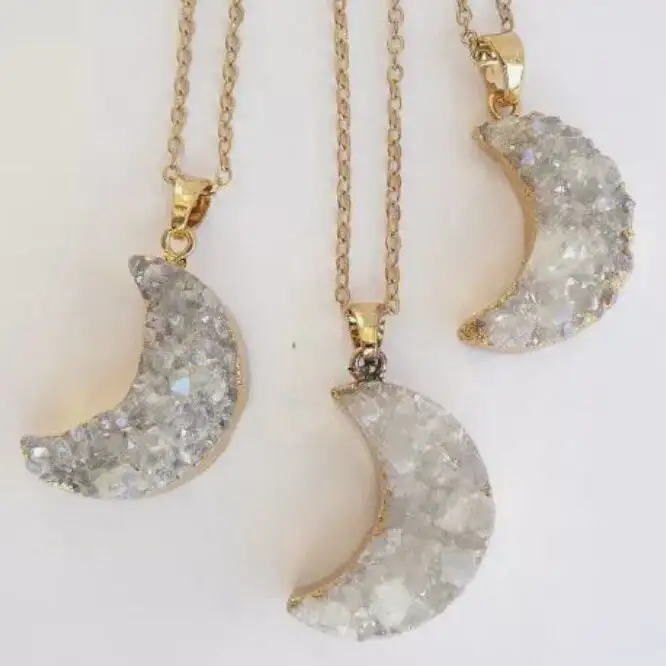 LS-L334 Crystal moon necklace angel aura witch moon necklace, raw crystal druzy agate necklace jewelry
