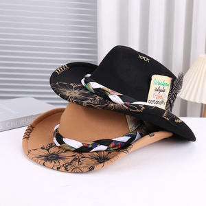 Chapeau de cow-boy occidental pour femme au design original, accessoires en plumes, chapeaux Fedora, chapeau de cow-boy en feutre de laine avec motif floral imprimé, fête - Product Image 6