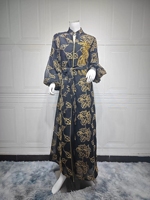 Robe maxi musulmane élégante avec broderie en feuilles d'or, col montant, manches bouffantes, ceinture, abaya pour femmes, robe de banquet