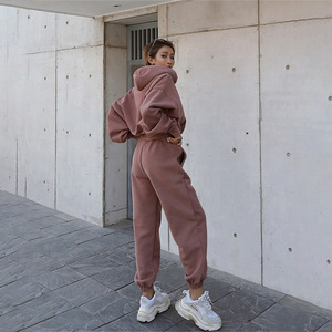 Conjunto de sudadera con capucha y Logo personalizado <span class=keywords><strong>para</strong></span> <span class=keywords><strong>Mujer</strong></span>, Top corto de Fitness en blanco <span class=keywords><strong>para</strong></span> exteriores, conjunto informal de manga larga, Tops cortos sólidos, conjunto de pantalones - Product Image 4