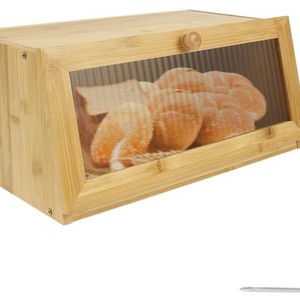 Boîte à pain en bambou avec porte en verre, couleur naturelle, rangement de cuisine pour le bureau, présentoir pour aliments et pain - Product Image 1
