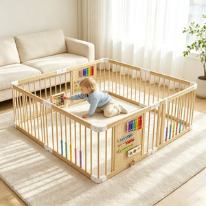 Parque de juegos de madera ajustable para bebés y niños pequeños, centro de actividades interior con puerta con cerradura, valla de juegos, parque infantil grande - Product Image 1