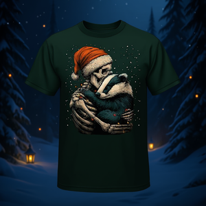 Camiseta navideña gótica con estampado de esqueleto abrazando a un tejón con gorro de Papá Noel - Product Image 3