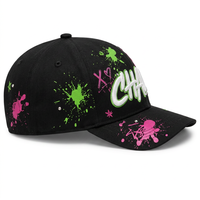 Casquette de baseball premium noire, rose et verte, motif graffiti, impression en relief, broderie 3D, strass, casquette souple style « Dad Hat », directement de l'usine