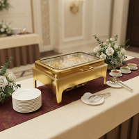 Set Chafer Dish Pemanas Listrik & Gas Baja Anti Karat Emas 9L Mewah Laris untuk Pernikahan, Prasmanan, Hotel