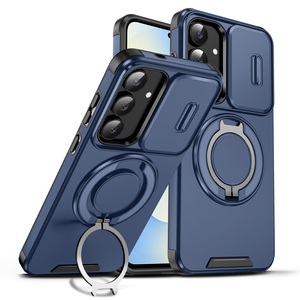 Coque robuste avec protection d'objectif coulissante pour Samsung S25 <span class=keywords><strong>FE</strong></span>, étui rigide avec béquille rotative et support anneau, noir - Product Image 4
