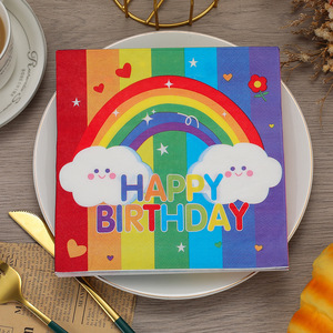 Nouvelles serviettes en papier imprimées pour enfants, thème arc-en-ciel <span class=keywords><strong>joyeux</strong></span> <span class=keywords><strong>anniversaire</strong></span>, décoration de fête, serviettes jetables, transfrontalières - Product Image 3