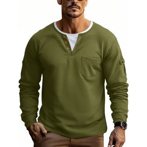 Camiseta Henley de Manga Larga para Hombre, Talla Grande, Texturizada, Lisa, Informal, con Bolsillo en el Pecho, para Otoño e Invierno - Product Image 2