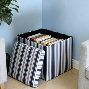 Banc <span class=keywords><strong>de</strong></span> rangement pliable moderne et tabouret <span class=keywords><strong>de</strong></span> coiffeuse pliant en tissu à rayures carrées avec poignée et poche - Product Image 3