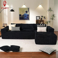 Housse de canapé sectionnelle en forme de L extensible avec éponge haute densité et housses d'oreiller en tissu de velours côtelé noir pour salon