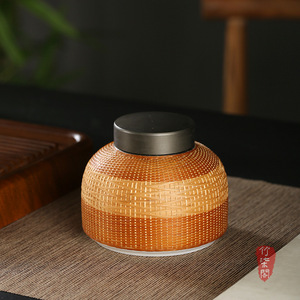 Handmade Bamboo Woven Ceramic Tea Caddy Screw Cap Airtight Jar For Pu'er Tea Storage - Product Image 2