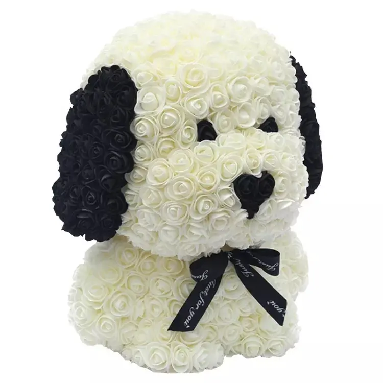 Hot sale Rose Valentine Gift 35cm Dog Rose Artificial Foam Teddy Bear With Gift Box Flower PE Rose Sitting Dog