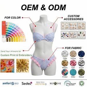 Vente en gros OEM, Logo personnalisé, <span class=keywords><strong>Maillot</strong></span> <span class=keywords><strong>de</strong></span> <span class=keywords><strong>bain</strong></span> bikini pour femme, coupe balconnet, à armatures, coupe haute, string, motif carreaux bleus, avec bordure à volants, tenue <span class=keywords><strong>de</strong></span> plage - Product Image 5