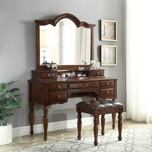 Mesa de Maquillaje Vintage de <span class=keywords><strong>Madera</strong></span> Maciza de Roble Marrón con Tapa de Cristal y <span class=keywords><strong>Taburete</strong></span> para Apartamento, Hotel o Dormitorio - Product Image 2