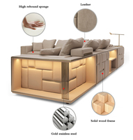 Modernes Design Lounge 7-Sitzer Große Eckgarnitur Samt-Echtleder-Sofa Edelstahlrahmen LED-Beleuchtung Villa Wohnzimmer