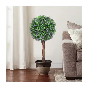 Árbol de bola de topiario artificial, hojas verdes de tamaño personalizado, planta de flor púrpura, árbol de bola para patio trasero, balcón, decoración de jardín