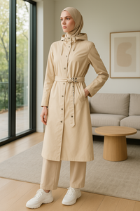 YXC014 Chic Muslim-Centric Beige <span class=keywords><strong>Long</strong></span> Top mit Kapuze und gemustertem Taillen gürtel Hand gefertigt Anti-Static Modest Matching Caramel Hijab - Product Image 2