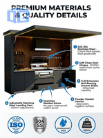 Module de cuisine extérieur de luxe en acier inoxydable 304 avec levage électrique hydraulique, intégrant grill, évier, réfrigérateur et rangement, pour villas et complexes hôteliers, avec éclairage LED