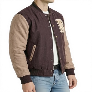<b>Men's</b> <b>Suede</b> Varsity <b>Jacket</b> Brown Tan Letter B Embroidered Preppy Style Turn-down Collar Regular Fit Autumn Wear - Product Image 3
