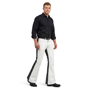 Pantalones de Hombre Blancos con Paneles Laterales Negros, Cintura Media, Mezclilla de Algodón, Corte Regular, Estilo Casual de Primavera - Product Image 1