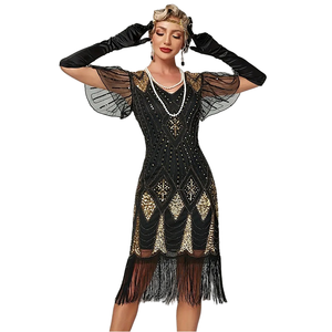 Robe Flapper à Col en Dentelle Great <span class=keywords><strong>Gatsby</strong></span> - Robe des Années 20 pour Femmes avec Manches - Costume des Années 20 pour Fêtes d'Halloween - Product Image 1