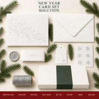 Carte de vœux personnalisée en papier coton blanc hiver 2027, gaufrée à chaud avec motif branche de pin et feuille d'argent, impression logo OEM