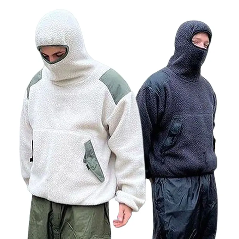 wholesale fluffy fleece color block hoodie custom pocket heavyweight winter thick warm solid sherpa ninja hoodie